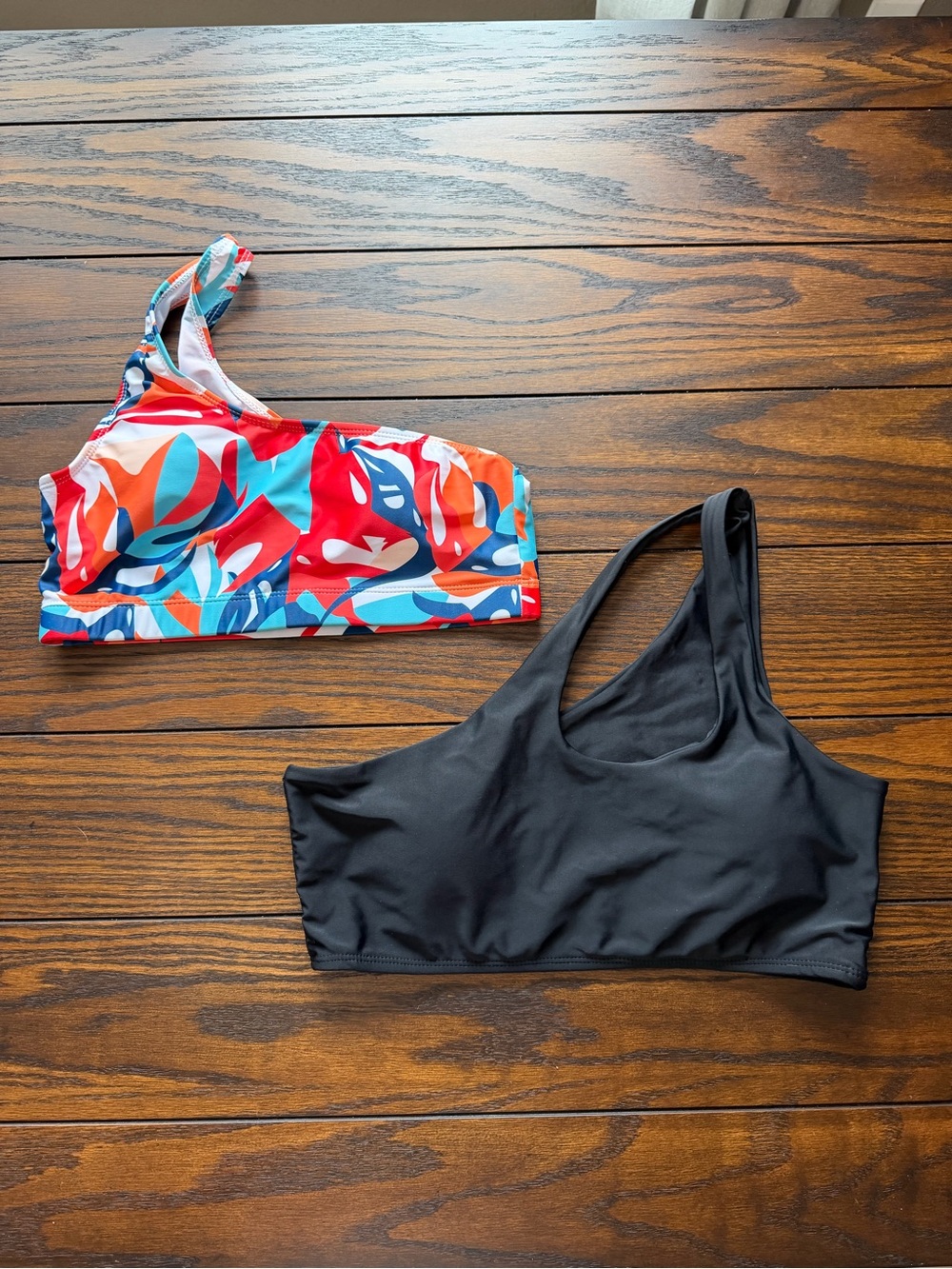 Women’s One-Shoulder Swim Top in Black and Multicolor Print